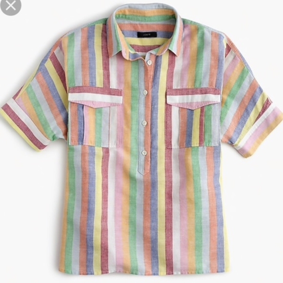 J. Crew Tops - J.Crew Linen Blend Button Top Blouse Multicolored Stripe Size 0 XS Rainbow